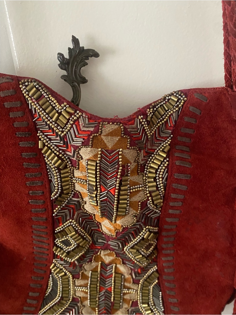 Anthropologie Red Suede Embroidered Fringe Shoulder Bag - Picture 3 of 10